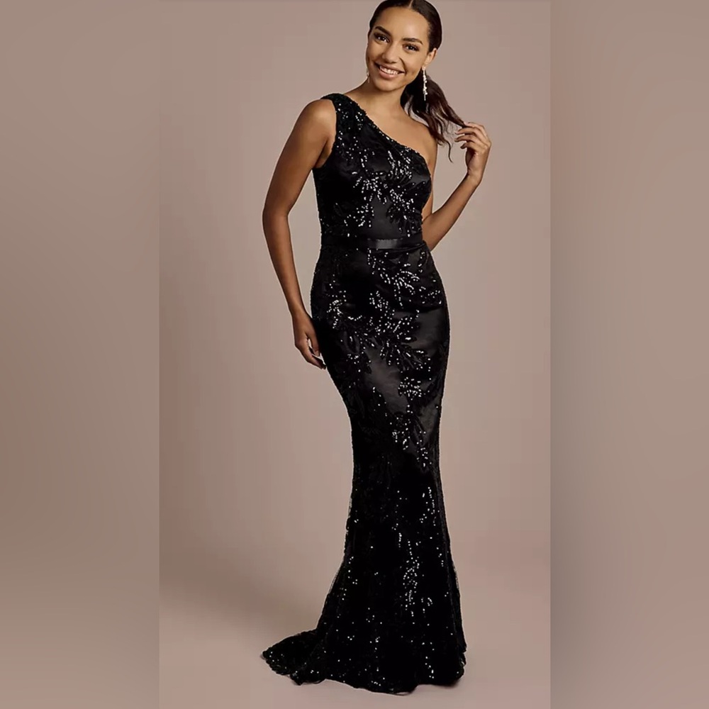 Galina Signature Formal One Shoulder Beaded Appliqué Mermaid Gown, Size 12